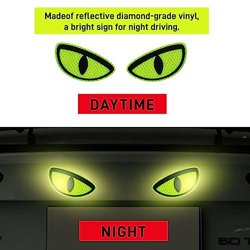Sufeasdf 2 Pack Car Stickers Reflective Decal, Round Eyes Stickers, Motorcycle Helmet Eyes Stickers Decals, Yellow Night Safety Driving Caution Decal, for Bumpers, Window, Laptop, Reflective 4" by 2"