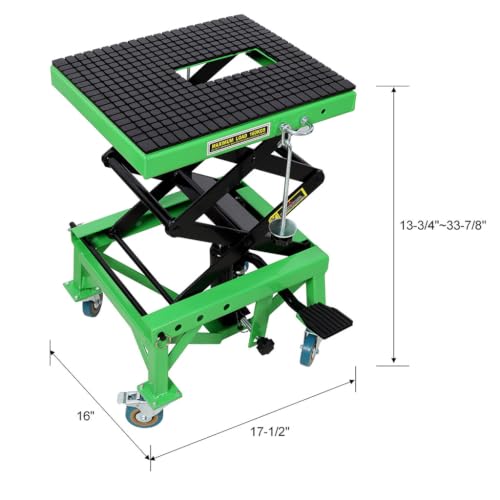 350 LBS Hydraulic Motorcycle Lift Jack, Foot-Operated Scissor Lift Stand with Locking Casters, J-Hook & Rubber Top Platform for Dirt Bikes, Motorcycles and ATVs
