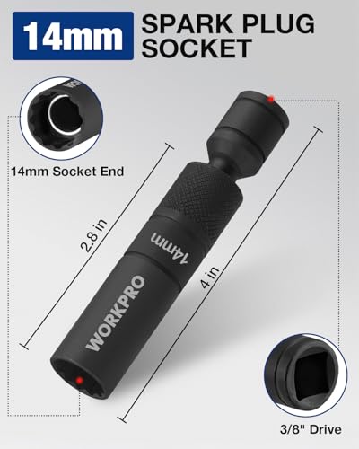 WORKPRO 14MM Swivel Magnetic Spark Plug Socket 12-Point, 1mm Thin Wall Socket, 360 Swivel, 3/8" Drive x 4", Black Phosphate Finish, Anti-Slip Knurled Grip - size: 14MM×3/8"×4"