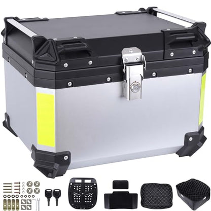 Motorcycle Top Case 57L Trunk Tail Box Bag Aluminum alloy handle With Leather Lining Anti-Theft With Lock And Back Cushion Waterproof Dustproof Easy Installation With Universal Bracket Silver - color: Silver（57L-Single Lock）