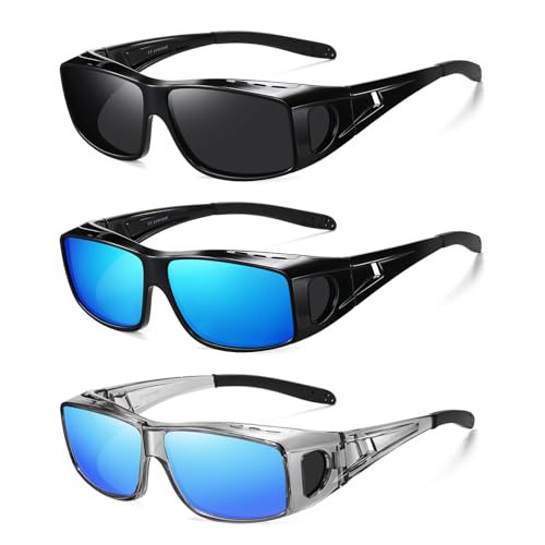 Wzerry Sunglasses Fit Over Glasses Polarized for Men Women, Wrap-Around Glasses UV400 Protection for Driving and Outdoor - color: Black/Grey + Black/Blue + Transparent Grey/Blue
