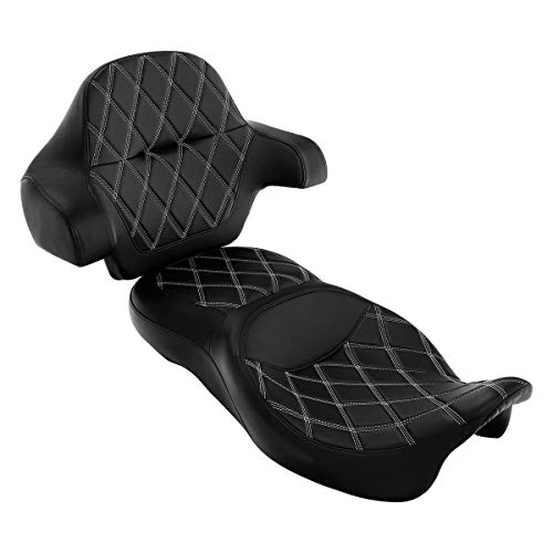 C.C.Rider Motorcycle Seat Backrest Pad - Fat Diamond 2-Up One-Piece fit for Harley Touring Road King Street Glide Road Glide Electra Glide 2014-2023 - color: 11# Grey+Passenger Backrest