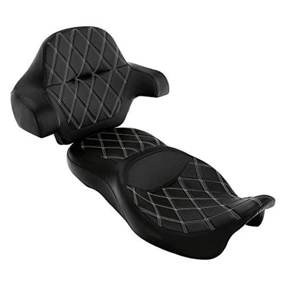 C.C. RIDER Driver Passenger Seat with King Tour Trunk Backrest Pad Fat Diamond 2-Up One-Piece fit for Harley Touring Road King Street Glide Road Glide Electra Glide 2014-2023 - color: Black Seat+Passenger Backrest(White+Brown stitch)