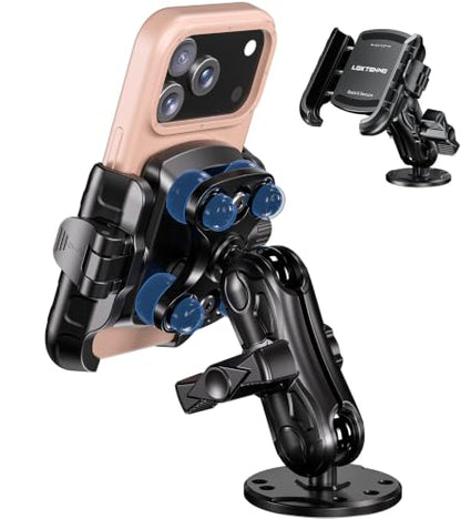 LOKTENWO Anti Vibration Phone Mount, 1s Lock & Release Phone Holder with Shock Dampener, Camera Friendly Aluminum AMPS Round Base Medium Arm for Car Motorcycle UTV Truck Boat, Fits 5.4"-7.2" Phones