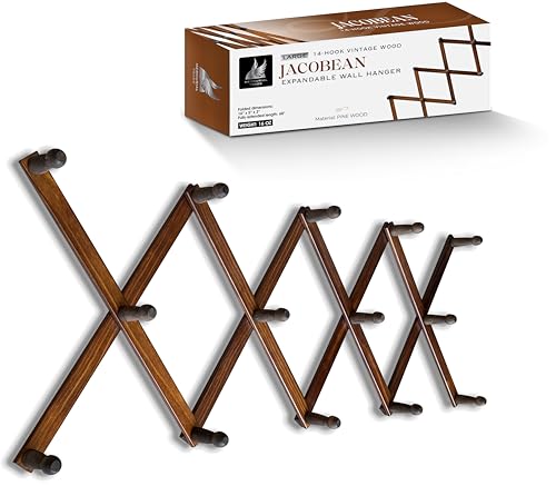 Expandable Wooden Coat Rack Hanger - Large Accordion Hanger with Expanding Pegs | Hand Made Rustic Wooden Hat Rack for Wall | Hang Coat, Jacket, Hat | Wall Rack – 14 Hook, Jacobean - color: Jacobean, size: 14 Hooks - Large Size