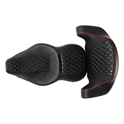 C.C. RIDER One-Piece Driver Passenger Seat with Wrap-around King Tour Trunk Backrest Pad fit for Harley Touring Road King FLHR Street Glide FLHX Road Glide FLTRX 2014-2023 - color: 08# Red+ Backrest
