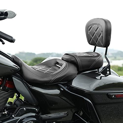SLMOTO Motorcycle Seat with Sissy Bar Tour Trunk Pad Fit for Harley Davidson Touring Road King Street Glide Road Glide Tri-Glide 2014-2023 Trike 2010-2023 CVO Custom Bikes - color: GEL White