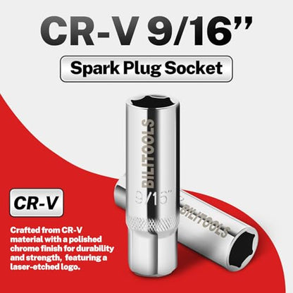 BILITOOLS 9/16" Magnetic Spark Plug Socket, 3/8-Inch Drive, 6-Point, CR-V Steel for Easy Spark Plug Removal and Installation - size: 9/16'' Magnetic