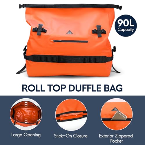 Haimont IPX7 Waterproof Roll-Top Dry Duffel Backpack | 60L/90L Sizes, 500D Tarpaulin, Welded Seams, Mesh Pockets, Boating & Kayaking - color: Orange, size: 90L