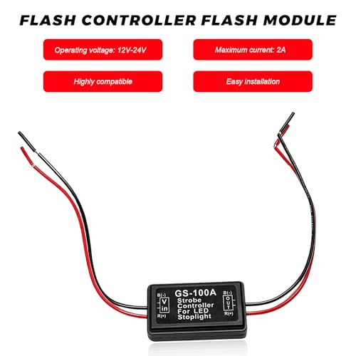 2 PCS Flashing Strobe Controller Flasher Module, 12V-24V GS-100A Brake Light Tail Stop Light Flasher Controller, LED Strobe Blinking Control Module for Cars Trucks Motorcycles