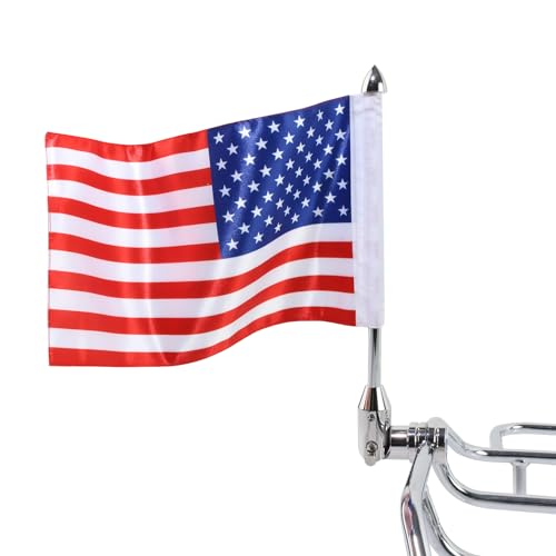 Fold Down Motorcycle Flag Mount ＆ 6 by10 Inches Red Line Motorcycle US Flag for Harley Road King Touring Spring Honda Goldwing fit 1/2 Luggage Rack Chrome Motorcycle Flag Pole
