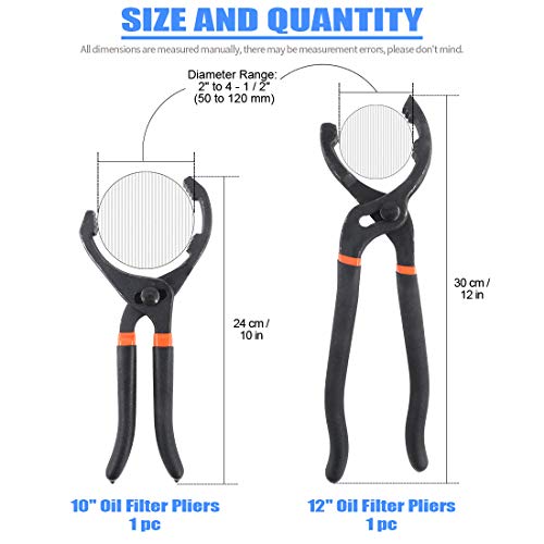 GLARKS 2Pcs 10" and 12" Long Handle Grip Oil Filter Pliers Set Adjustable Angle Hand Oil Filter Wrench for Auto Motorcycle and Trucks Use