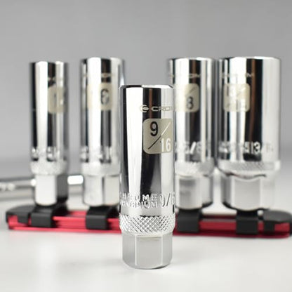 CROM Magnetic Spark Plug Socket Set - 5 Piece 3/8" Drive Spark Plug Removal Tool, Includes 14mm and 16mm Thin Wall Sockets, 9/16 inch, 5/8 inch and 13/16 inch Sockets, Aluminum Storage Rail Included - size: 5 Piece Magnetic Set
