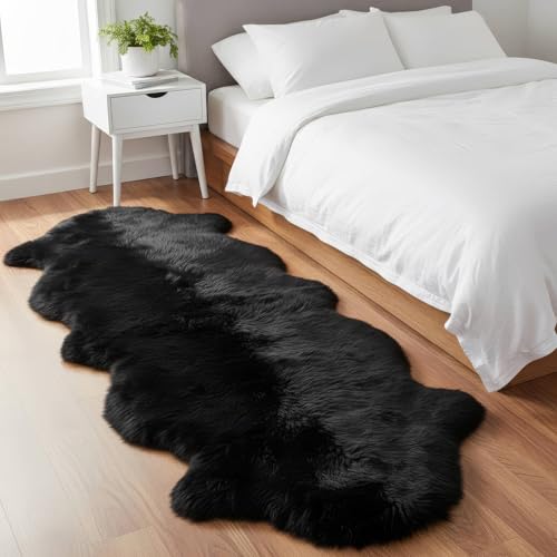 Authentic Black Sheepskin Rug 2x6 ft, Genuine Double Pelt Fluffy Fur Area Rug for Bedroom, Living Room & Home Decor, Soft Natural Sheep Skin Throw - color: Dark Black, size: 2' x 6' (Natural)