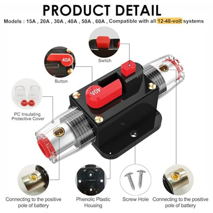 40 Amp Circuit Breaker Switch 40A Waterproof Fuse Inline Holder Resettable Fuse Manual Reset 12V-48V DC for Car Audio Sound Amplifier System RV Home Marine Boat Truck - style: 40A