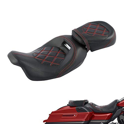 Low-Profile Driver Passenger 2-UP Seat Set Red Stitching Fits for Harley Touring 2009-2023 Road King FLHR Street Glide FLHX Road Glide FLTRX CVO Street Glide FLHXSE Electra Glide FLHTCU - color: Seat Red