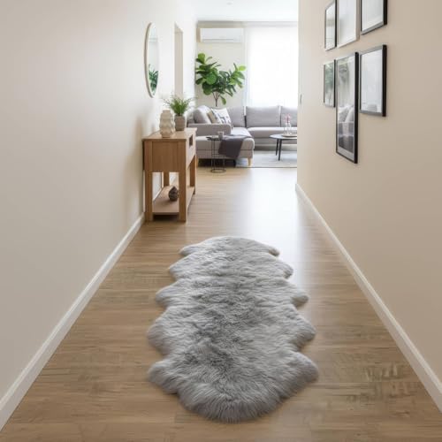 Super Area Rugs Premium Silver Gray Sheepskin Rug Genuine Double 2x6ft Pelt Fluffy Fur Rug for Bedrooms - color: Silver Gray, size: 2' x 6' (Natural)