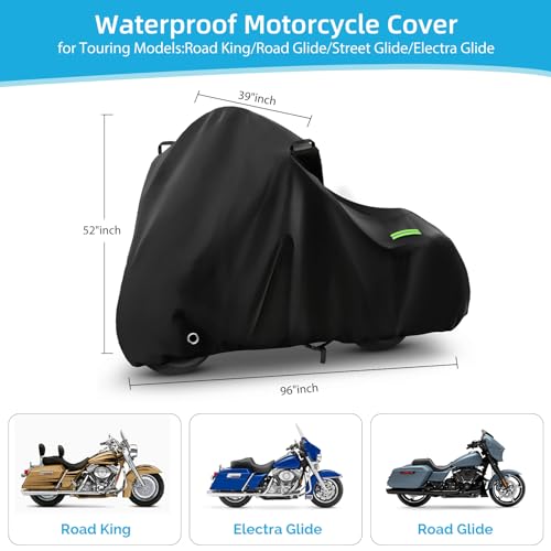 Motorcycle Cover Waterproof for Touring Models Road King/Road Glide/Street Glide/Electra Glide, Heavy Duty Sun UV Rain Snow Outdoor Protection Motorbike Cover with Soft Cotton Lining & Lock Hole - size: Touring Models