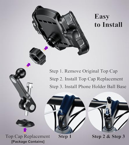 BRCOVAN Bike Fork Stem Phone Mount Holder [Camera Friendly] [1s Locking] | Adjustable Bicycle Headset Top Cap Cellphone Cradle with Solid Aluminum Mounting Base Fit 5.4'' - 7.2" Smartphones