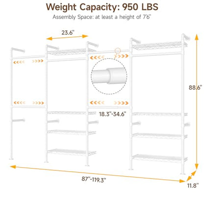 ONBRILL H4 Wall Mounted Closet System, Expandable Industrial Pipe Clothes Rack Clothing Rack for Hanging Clothes, Heavy Duty Closet Organizers and Storage in Wardrobe Closet - White - color: White