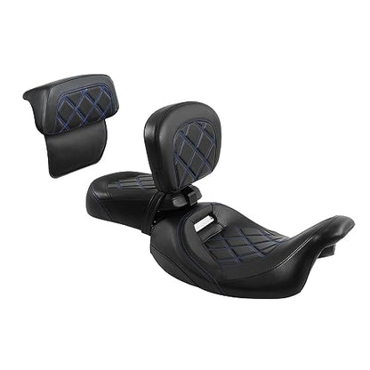 SLMOTO Motorcycle Low-Profile Passenger Rieder Seat, Rider Sissy Bar Backrest Pad Passenger Sissy Bar For Harley Touring CVO Road King Street Glide Road Glide Electra Glide 2014-2023 Black Blue - color: Style B Blue Seat+Rider Backrest + SP