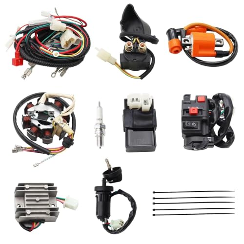 PRO BAT ATV Quad Complete Electrics AC Wire Harness Kit with CG-8 Stator 6-Pin AC CDI Multi-Functional ATV Switch Ignition Coil Solenoid Relay Spark Plug for 150cc 200cc 250cc 300cc Zongshen Lifan - style: B 8 Pole+ Orange Ignition Coil+Silver Rectifier