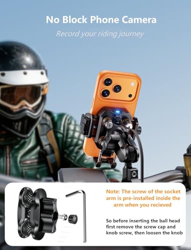 Kewig Motorcycle Phone Mount with Qi 15W Wireless Charger & 36W PD/USB C Fast Charging Port, Anti-Theft Handlebar Cellphone Holder with Vibration Dampener for Bike Scooter ATV, Fit 5.4-7.2" Phone