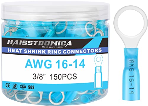 haisstronica 150PCS Heat Shrink Ring Terminals 3/8" Marine Grade Wire Connectors Blue AWG 16-14 Gauge, Tinned Red Copper 0.7mm Resistant Ring Connectors, Brazed-Seam Insulated Electrical Crimp - color: Blue, size: Ring 3/8"