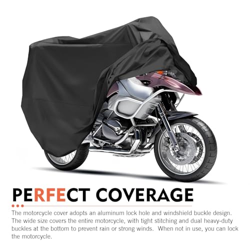 Motorcycle Cover, Heavy Duty Waterproof Sun Outdoor Motorbike Cover, Motorcycles Vehicle Covers for Protect Against Dust, Debris, Rain, Universal for Motorcycles Bikes (Black)