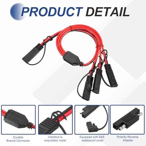 MECCANIXITY SAE Y Splitter Cable, 12AWG Extension Cord Splitter 1 to 3 SAE Connector Extension Cable 1.8 ft with Waterproof Caps & Polarity Reverse Adapter for Solar Panel Battery Charger - size: 12AWG, 1.8 ft