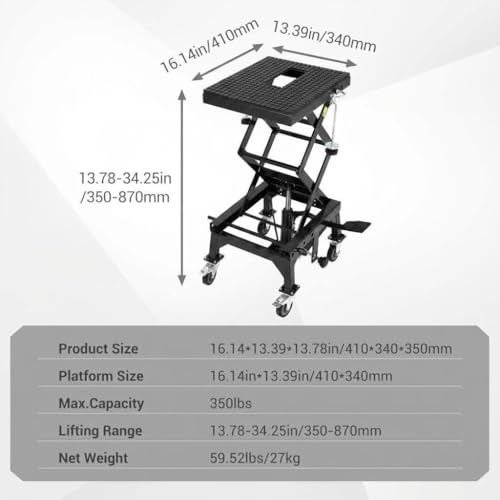 Garvee Hydraulic Motorcycle Lift Jack 350LBS, Foot Operated Scissor Lift Table for ATV Dirt Bike, Heavy-Duty Steel Stand with Safety Lock & Wheels, 13.78"-34.25" Height Adjustable, Motorcycle Scissor