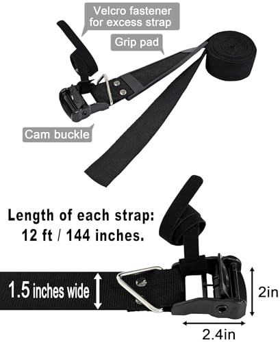 4 Pack 1.5in x 12ft Lashing Straps with Cam-Buckle and Grip-pad, Heavy Duty Cargo Tie-Downs, Multi-Purpose Cinch for Moving Straps - color: 4 Pack Lashing Straps