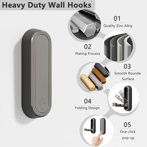 4PCS Foldable Wall Hooks, Flip Down Design with 40 lbs Heavy-Duty Capacity, Retractable Wall Hooks for Bathroom, Bedroom & Entryway Space Saving (Gray) - color: Gray, size: 4 Hooks