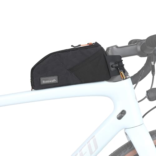 Rhinowalk Bike Frame Bag 1.2L, Waterproof Handlebar Bag with Phone Holder, Small Front Bag with Strap or Screw Mount, Fits Most Bikes – Black - color: Full Black, 1.2L
