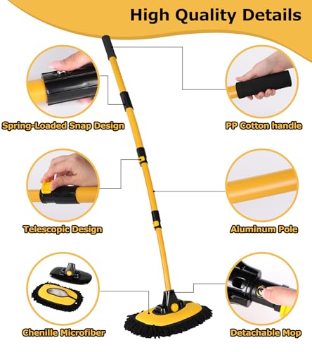 anngrowy 56.7" Car Wash Brush Mop Kit Mitt Sponge with Long Handle Car Cleaning Supplies Kit Tools Car Washing Duster Exterior Scratch Free, Chenille Replacement Head Extension Pole - color: Black