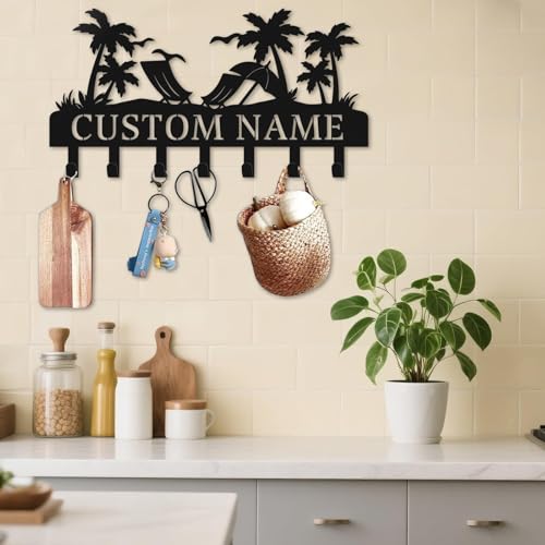 Personalized Key Holder for Wall, Custom Metal Key Hooks with Name | Rust-proof beach design rack for keys, hats, bags and leashes, with free hardware, ideal housewarming gift - color: Beach