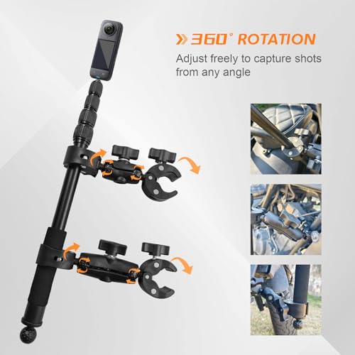 Motorcycle Mount for Insta 360 X5 X4 X3, for DJI Osmo & GoPro Cameras, Bike Handlebar Camera Mounts with 59" Invisible Selfie Stick Bundle Kit for Motorcycle Bike Riding