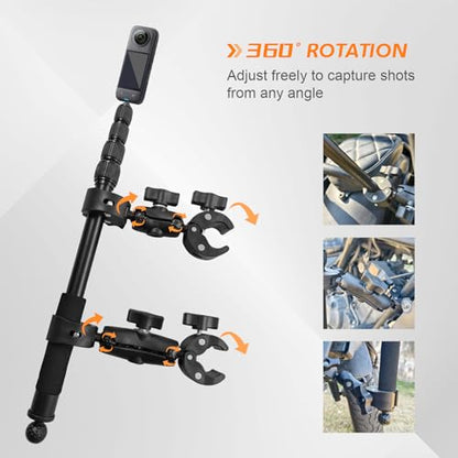 Motorcycle Mount for Insta 360 X5 X4 X3, for DJI Osmo & GoPro Cameras, Bike Handlebar Camera Mounts with 59" Invisible Selfie Stick Bundle Kit for Motorcycle Bike Riding