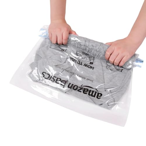 Amazon Basics Roll-Up Travel Compression Storage Bags for Clothes and Towels, No Vacuum Needed, Clear, 12 Pack (6 Small & 6 Medium)