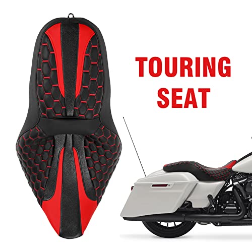 C.C. RIDER Octogon Highway 2-up Motorcycle Seat Driver Passenger Touring Seat for Harley Davison Electra Glide Classic Street Glide Road Glide 2009-2023 - color: Seat-Red Stitching
