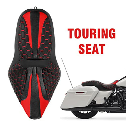 C.C. RIDER Octogon Highway 2-up Motorcycle Seat Driver Passenger Touring Seat for Harley Davison Electra Glide Classic Street Glide Road Glide 2009-2023 - color: Seat-Red Stitching