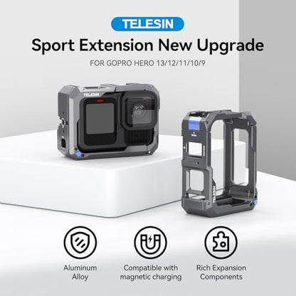 TELESIN Upgraded Aluminum Alloy Cage Frame Housing for Go Pro 13 12 11 10 9 Black, Supports Go Pro 13 Quick-Release System, with 1/4" Thread & Cold Shoe for Video Light Microphone for Hero Accessories