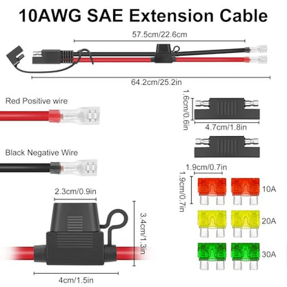 Linkstyle 2PCS SAE Battery Connector with 15A/20A/30A Fuses, 10AWG SAE to F2 Spade Terminal Quick Disconnect Battery Extension Cable for Solar Panel, Motorcycle, Car, RV