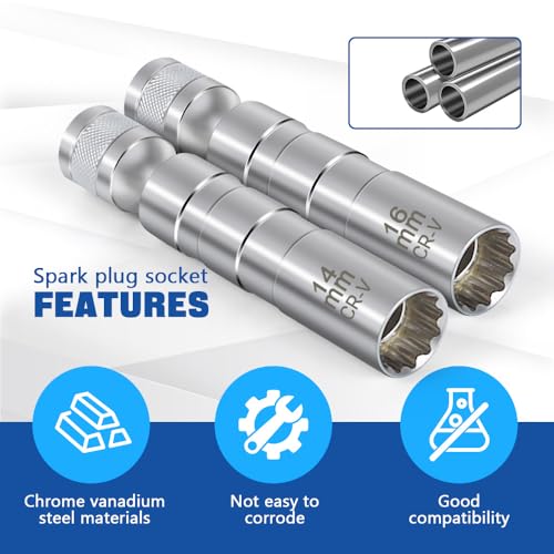 14mm & 16mm Spark Plug Socket, 3/8-inch Drive 12 Points 1mm Thin Wall Spark Plug Socket Removal Tool, Automotive Magnetic Swivel Spark Plug Socket Set, Car Accessories