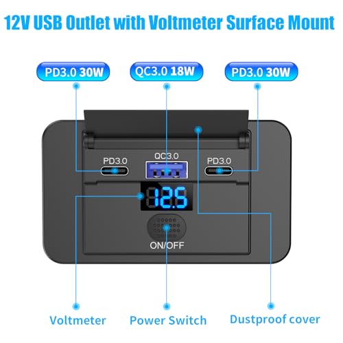 2 Pack 3 Port 12V USB Outlet Surface Mount Lightweight with Voltmeter, Dual USB C 30W and QC 18W Car USB Port 12 Volt Cigarette Lighter Replacement Charger Socket Panel with Button Switch for RV Bus - color: 2 pack