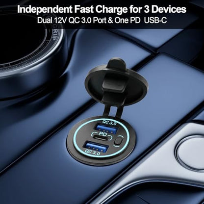 12v usb charger, PD 20W USB-C Power Socket and 18W QC3.0 Socket Waterproof Power Outlet 12V/24V with Power Switch 12V USB C Outlet for Car Golf Cart Boat Marine Bus Truck RV Marine Motorcycle etc. - color: 2QC+1PD