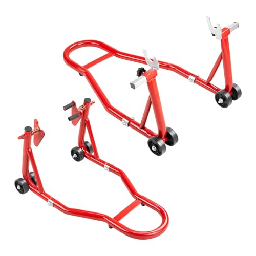 850 lbs Motorcycle Stand Lift Front & Rear Combo, Universal Adjustable Motorcycle Paddock Stands with Wheels, Heavy Duty Bike Lift Stand for Maintenance, Storage & Repair, Red
