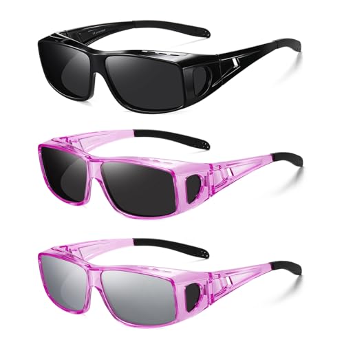 Wzerry Sunglasses Fit Over Glasses Polarized for Men Women, Wrap-Around Glasses UV400 Protection for Driving and Outdoor - color: Black/Grey + Transparent Purple/Grey + Transparent Purple/Silver