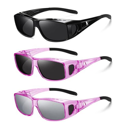 Wzerry Sunglasses Fit Over Glasses Polarized for Men Women, Wrap-Around Glasses UV400 Protection for Driving and Outdoor - color: Black/Grey + Transparent Purple/Grey + Transparent Purple/Silver