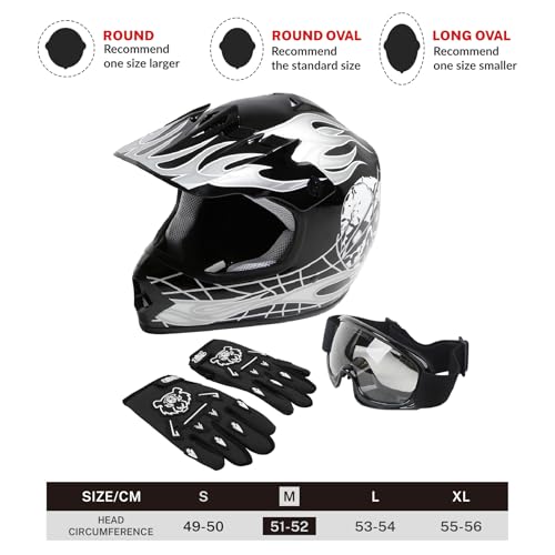 SLMOTO Dot Youth & Kids Motocross Offroad Street Helmet Motorcycle Helmet Dirt Bike Motocross ATV Helmet+Goggles+Gloves, Black Skull Design, Medium - color: Black Skull, size: Medium